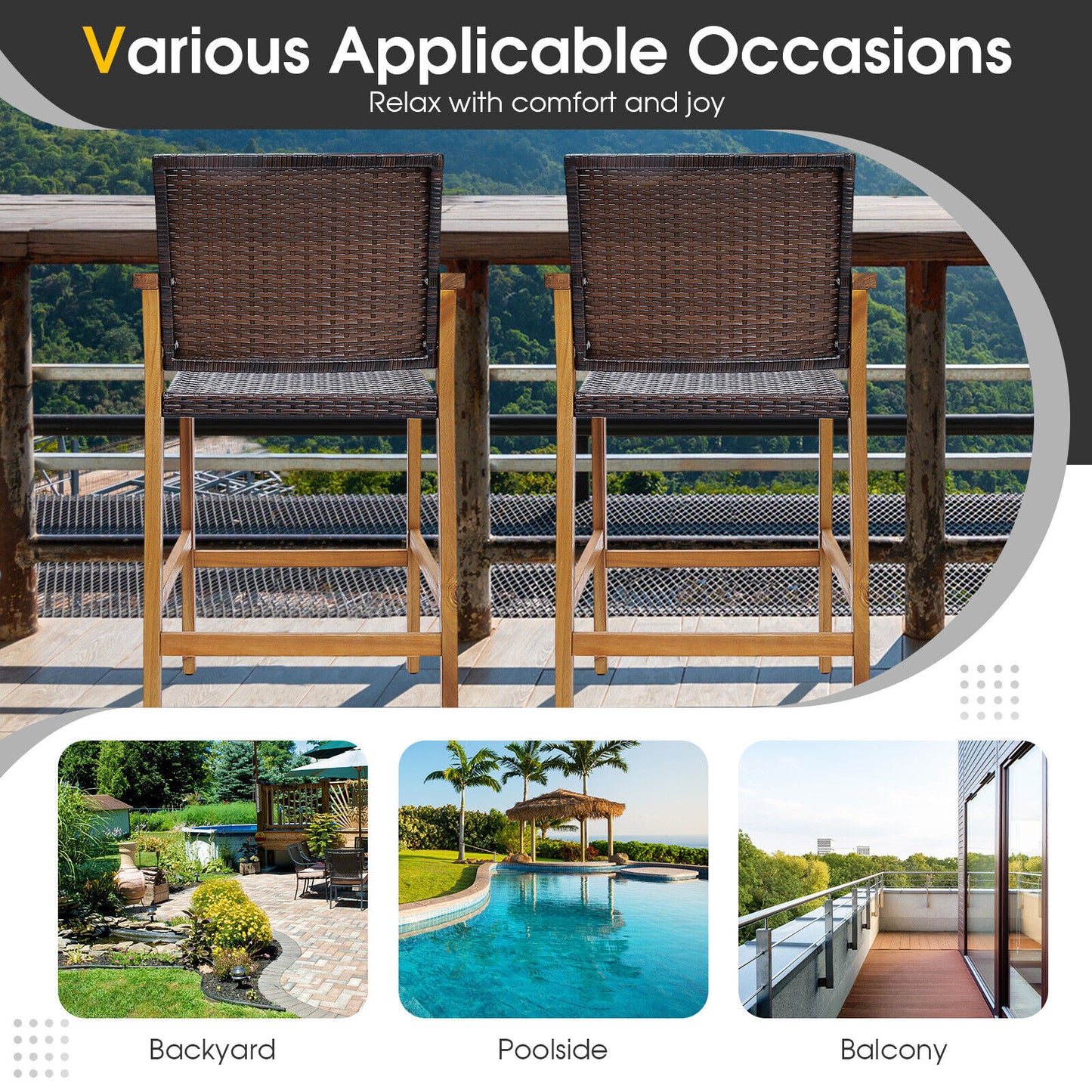 PE Wicker Patio Bar Chairs with Acacia Wood Armrests, Set of 2