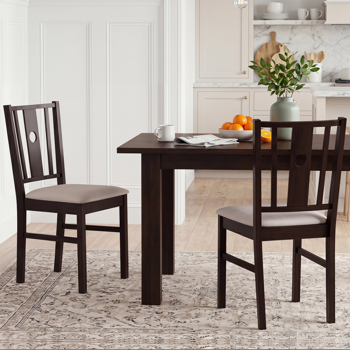 Rubber Wood Dining Chairs with Padded Fabric Seat, Set of 2