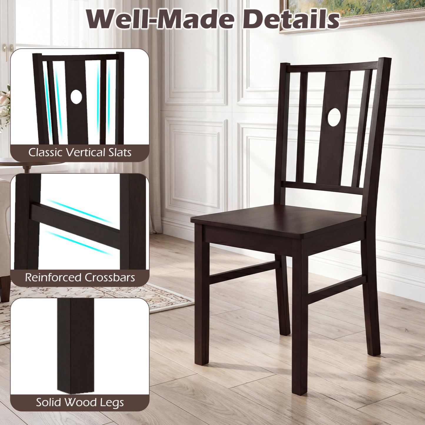 Solid Rubber Wood Dining Chairs with Slatted Backrest, Set of 2