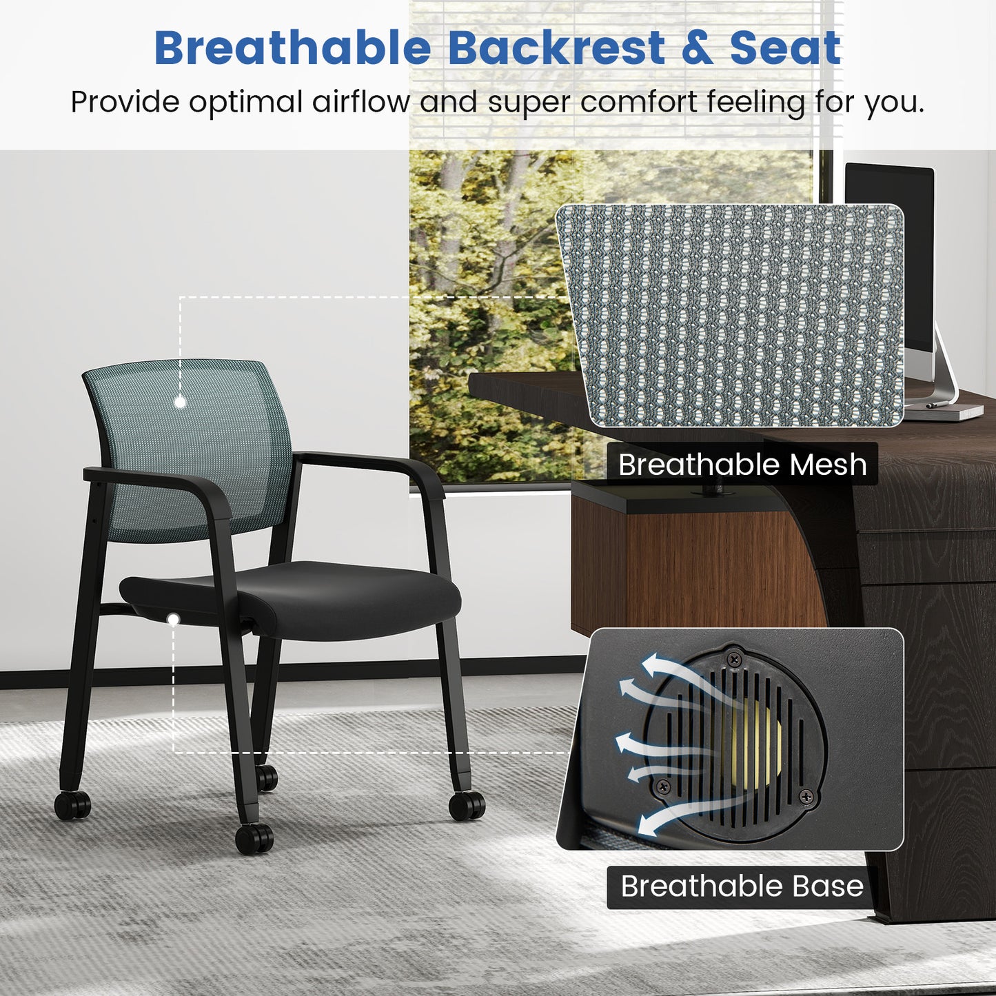 Stackable Rolling Office Chairs with Mesh Backrest, Set of 2