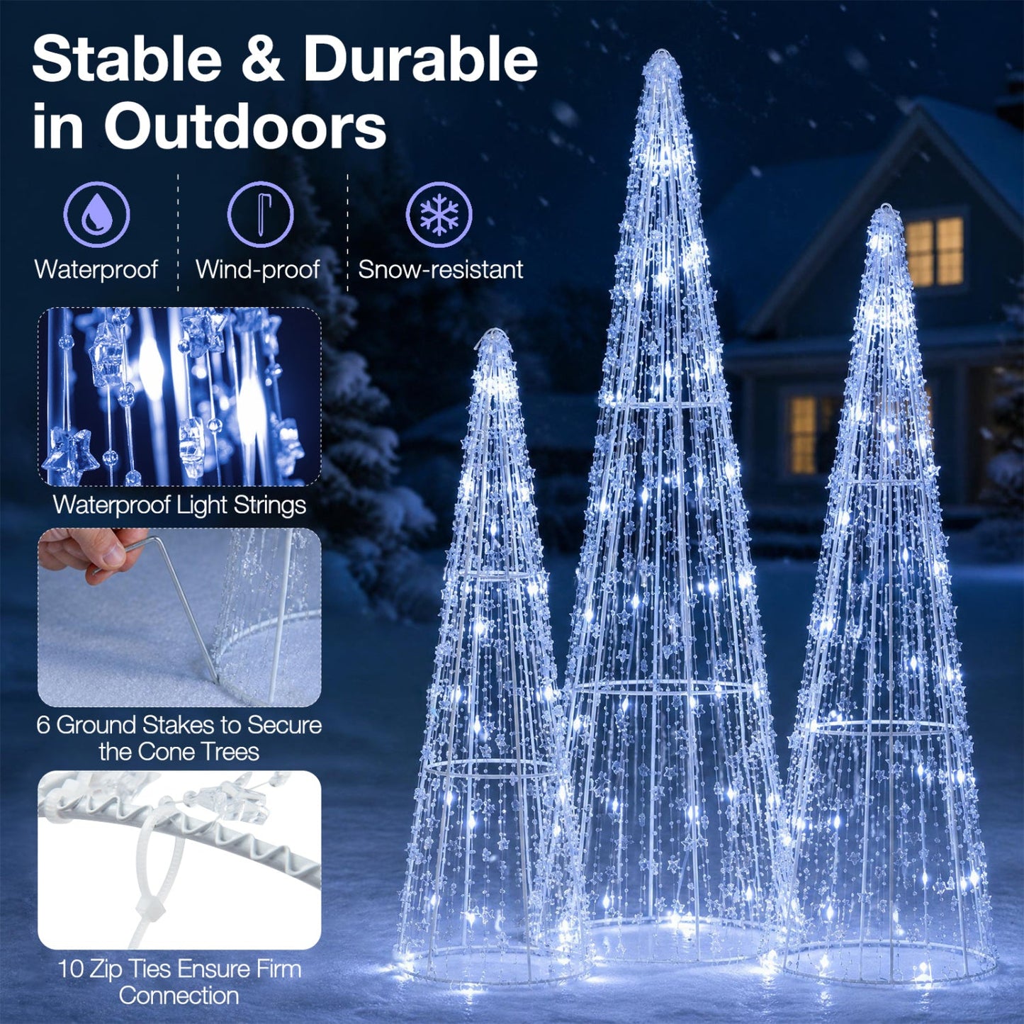 Pre-Lit Christmas Cone Trees Set of 3 with Cold White Lights