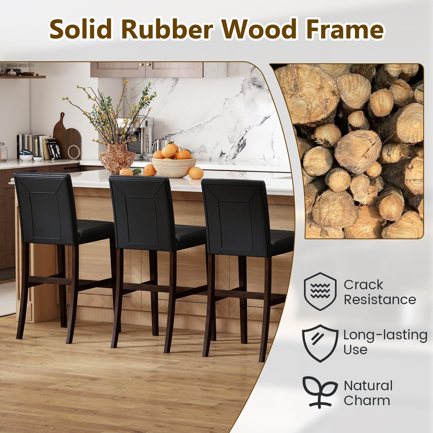 Set of 4 PVC Dining Leather Bar Stools with Solid Wood Legs