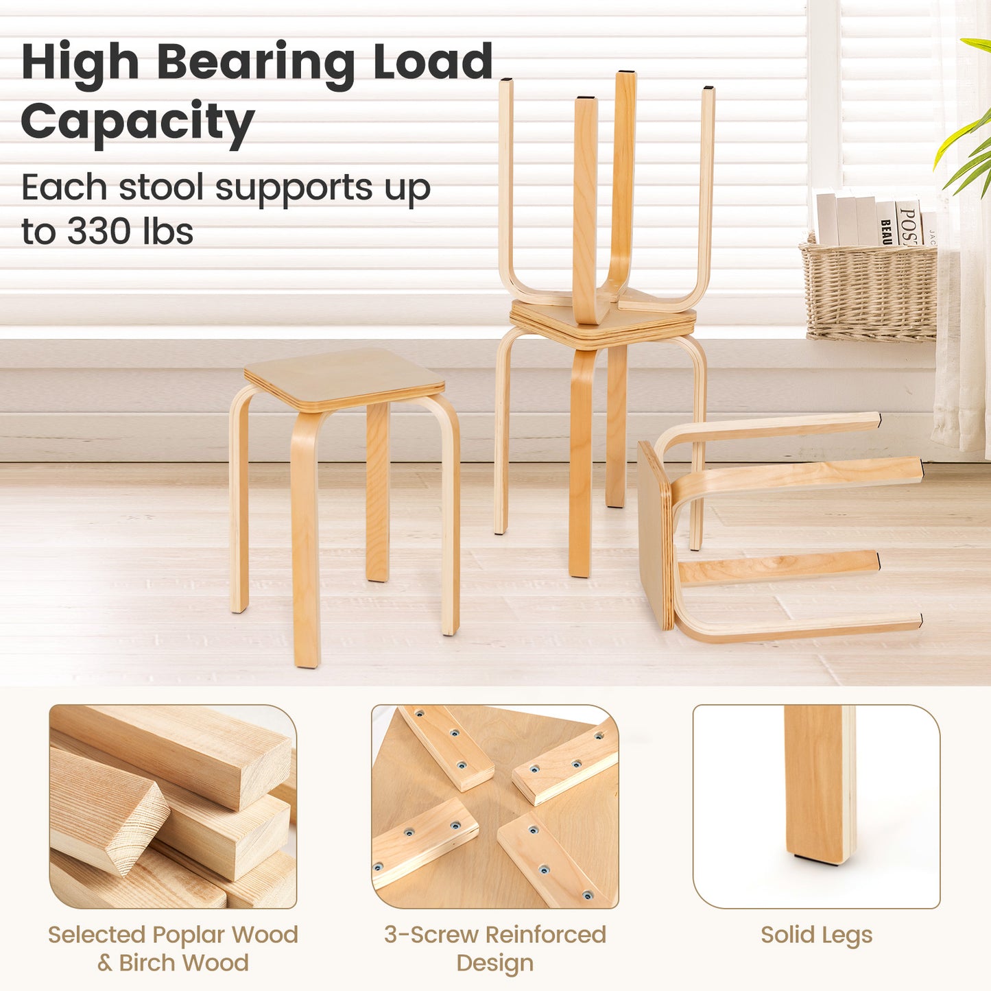Square Wooden Stools Set of 4 with Anti-Slip Pads