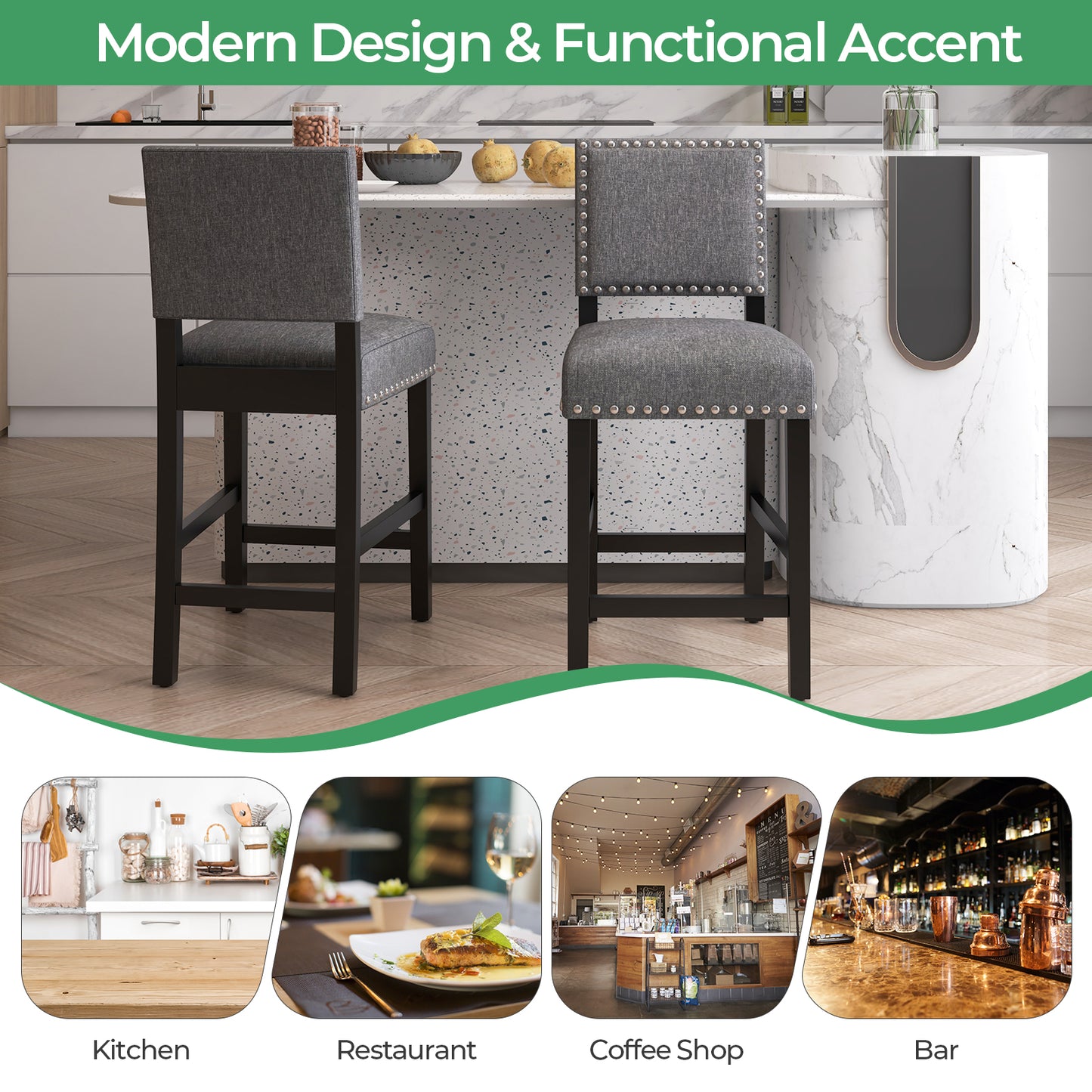 Counter Height Dining Chairs Set of 2 with Rubber Wood Frame