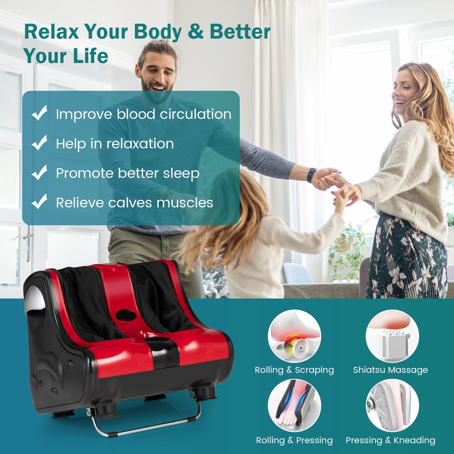 Shiatsu Kneading Rolling Vibration Heating Foot Massager-Red