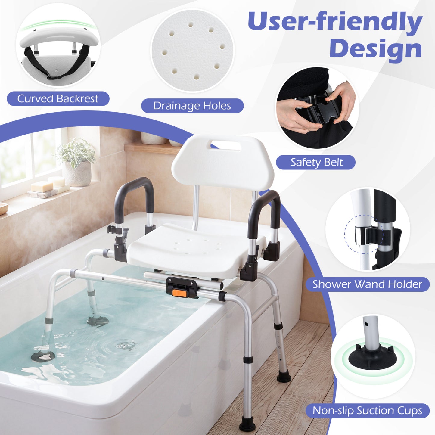 Sliding Shower Chair with Swivel Seat and Backrest
