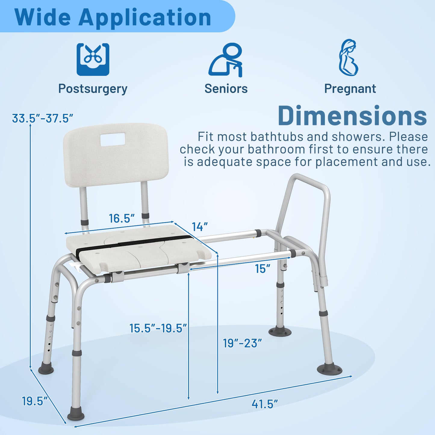 Sliding Tub Transfer Bench with Extra-Wide Seat for Elderly and Disabled