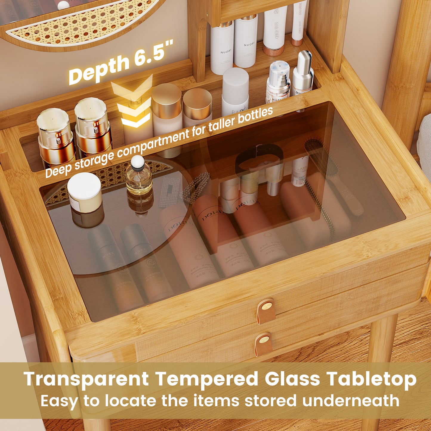Compact Bamboo Vanity Desk with Mirror 23.5 Inch