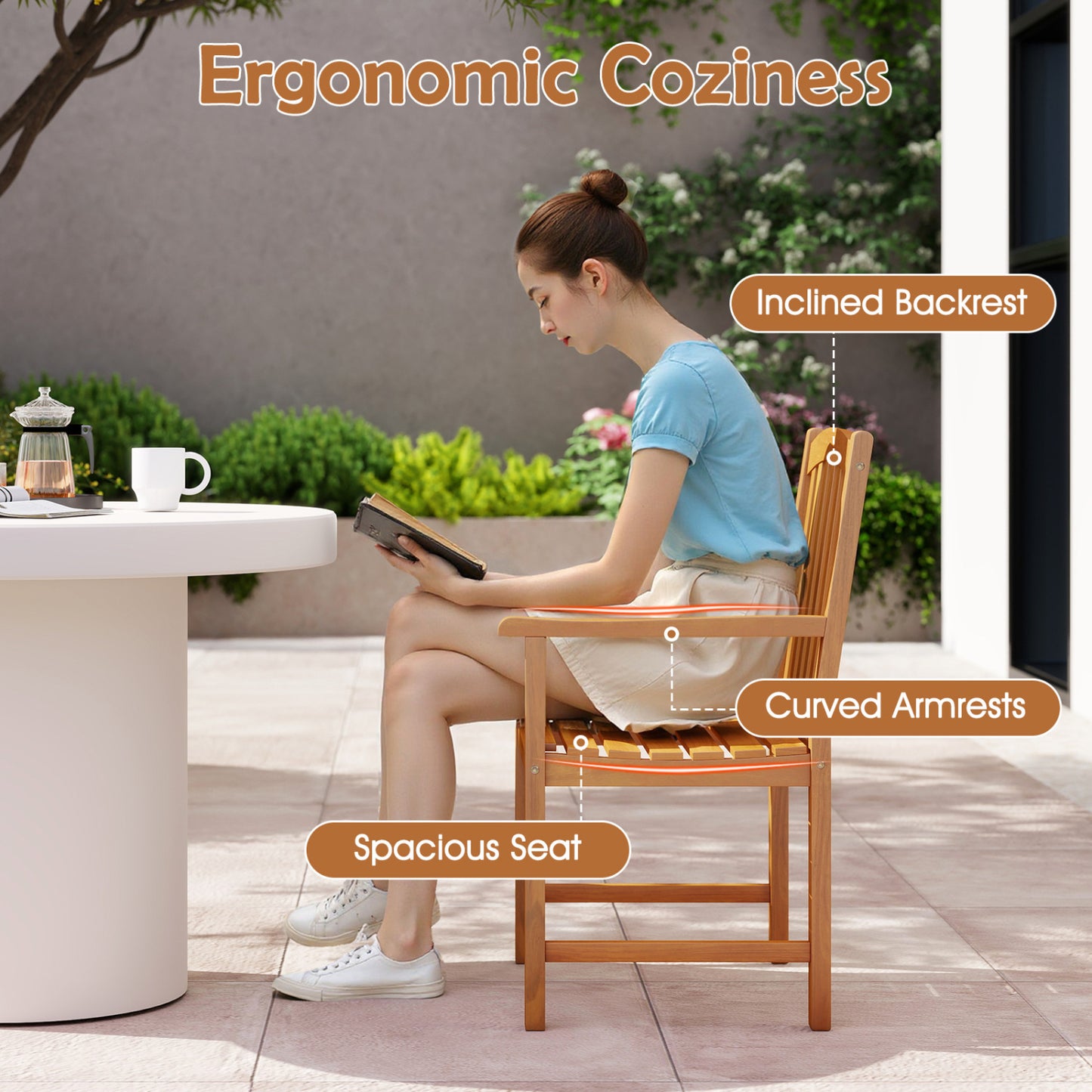 Acacia Wood Patio Dining Chairs Set of 2 with Armrests