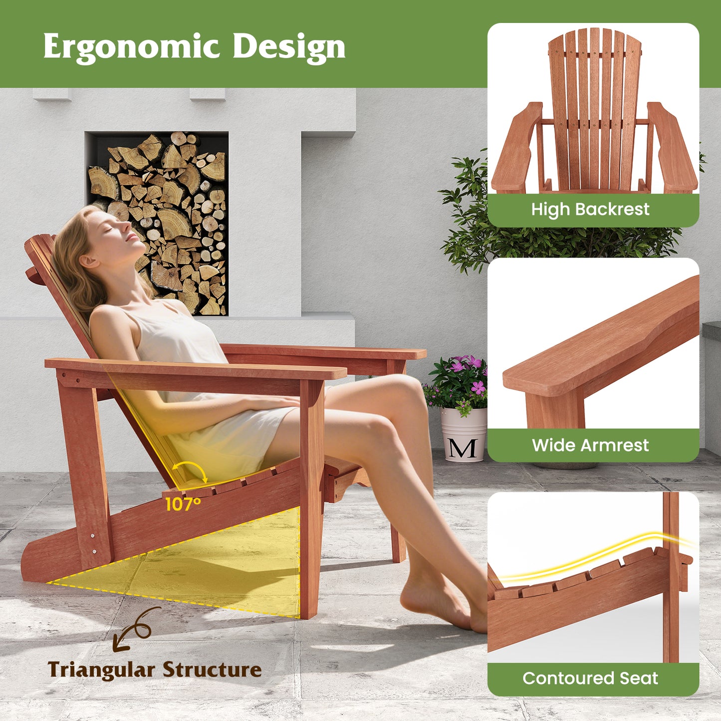 Solid Wood Adirondack Chair with High Backrest