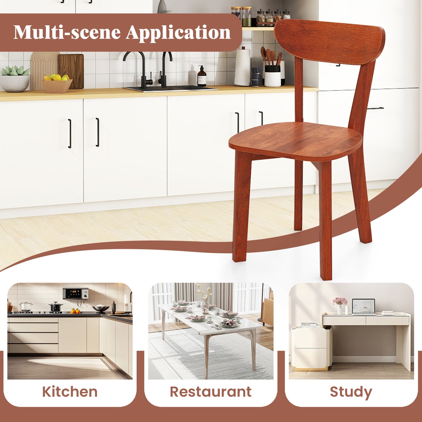 Solid Wood Dining Chairs Set of 2 with Curved Backrest