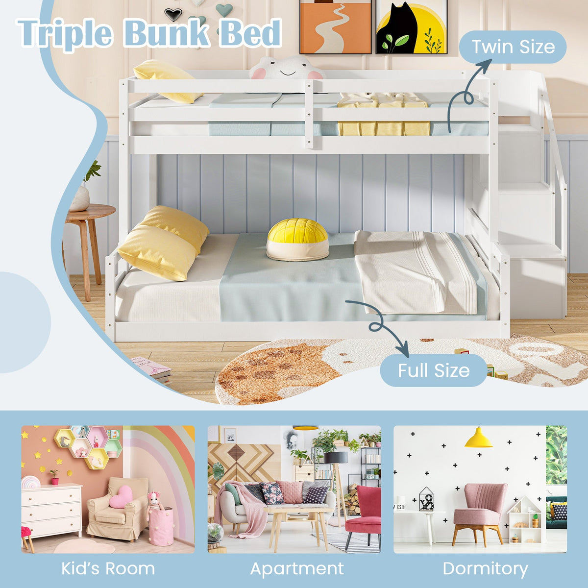 Solid Wood Twin Over Full Low Bunk Bed with Storage Stairs