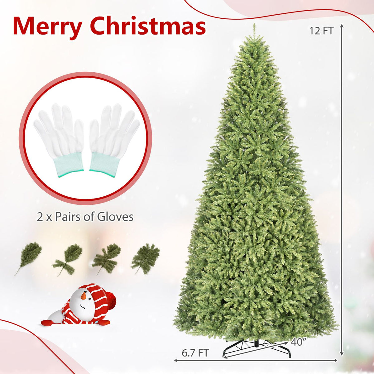 Spruce Fir Christmas Tree Unlit Artificial Tree with Folding Metal Stand-12ft