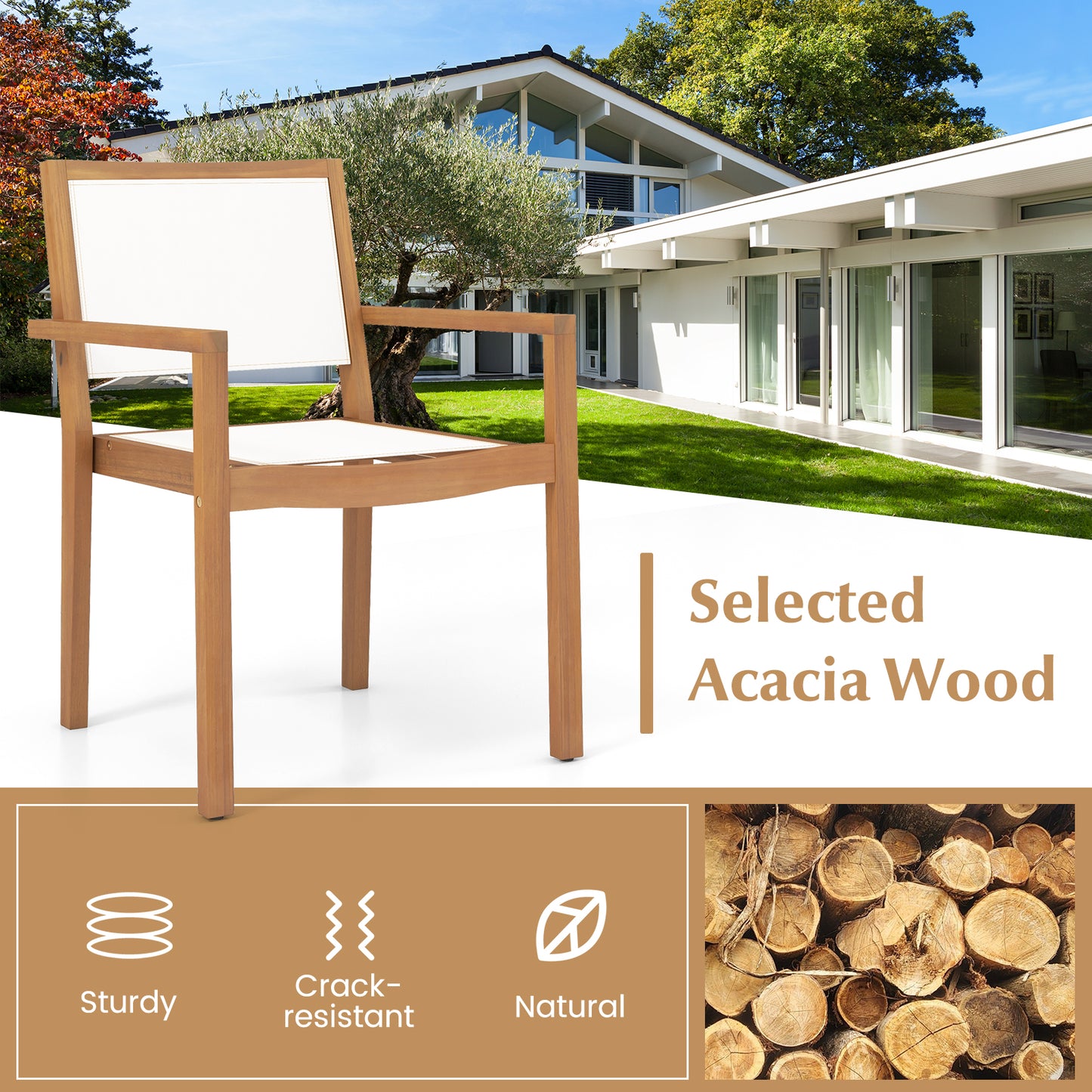 Stackable Outdoor Dining Chairs Set of 2 with Acacia Wood