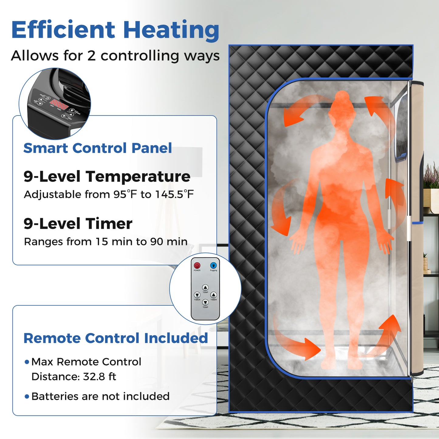 Portable Steam Sauna with 3L Steam Generator Remote Control Wood Foot Massager and Foldable Chair for Home-Black