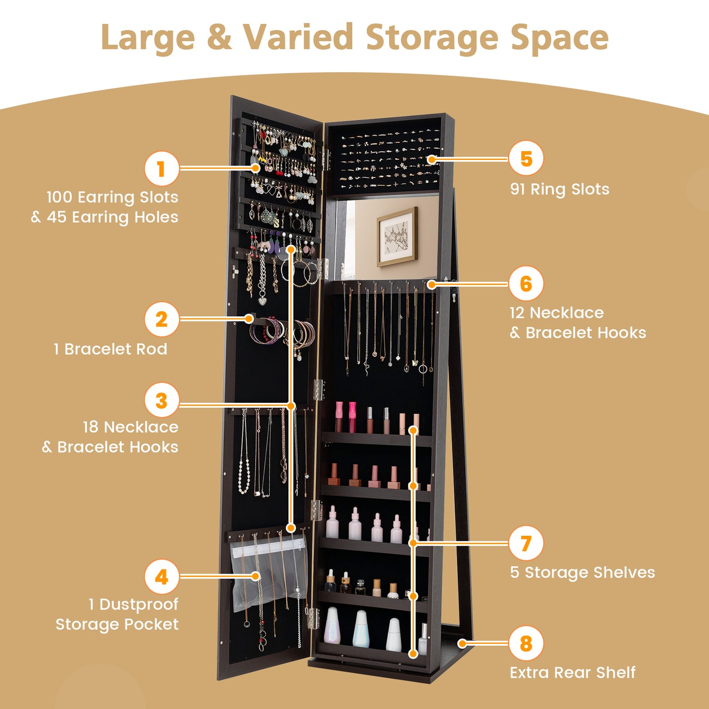 Jewelry Armoire with Full-Length Mirror and Lock