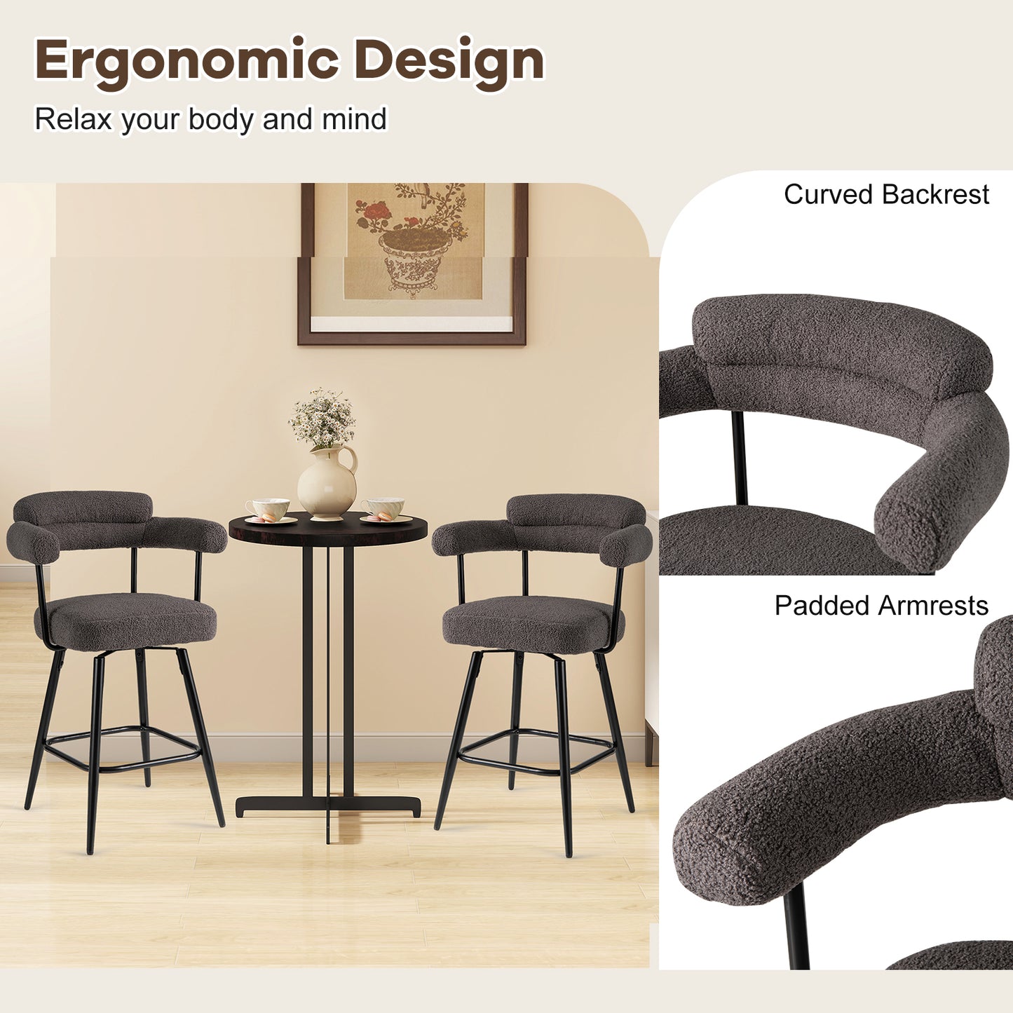 Swivel Bar Stools Set of 2 with Curved Back and Arms