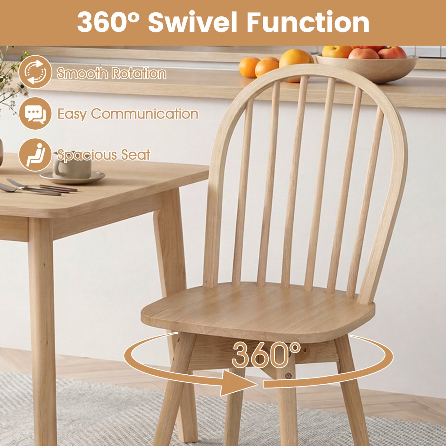 Swivel Windsor Dining Chairs Set of 2 - Solid Rubber Wood