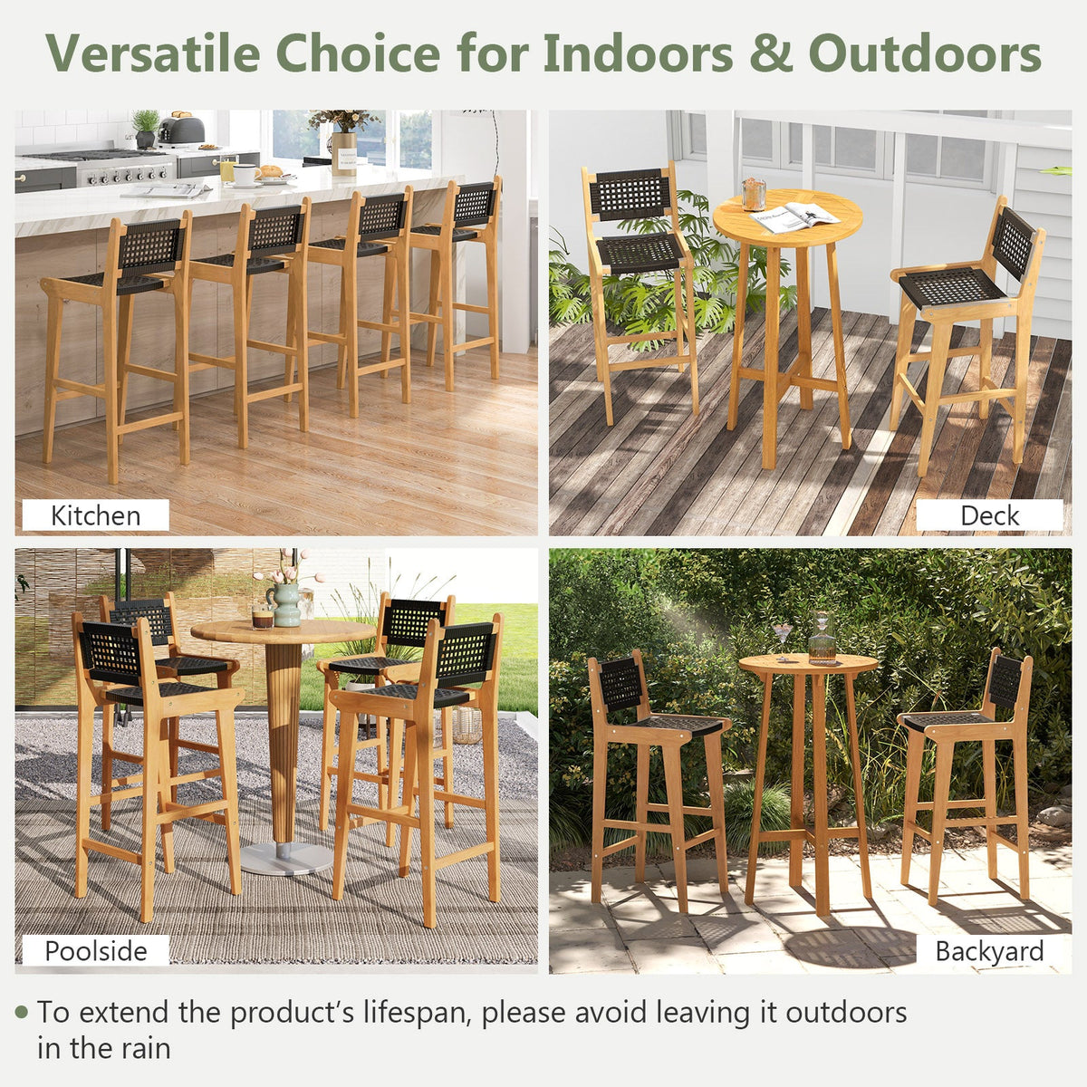 30 Inch Rattan Teak Wood Bar Stool with Backrest and Footrest