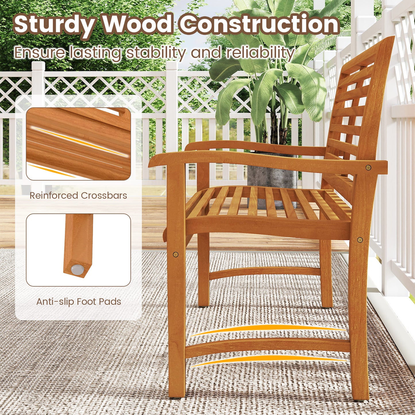 Teak Wood Garden Bench with Slatted Backrest - 47" Wide