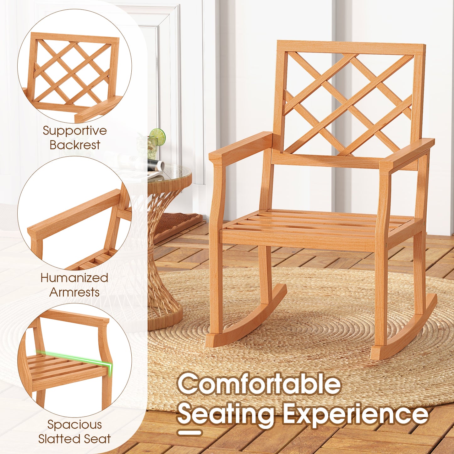 Teak Wood Rocking Chair with Backrest and Armrests
