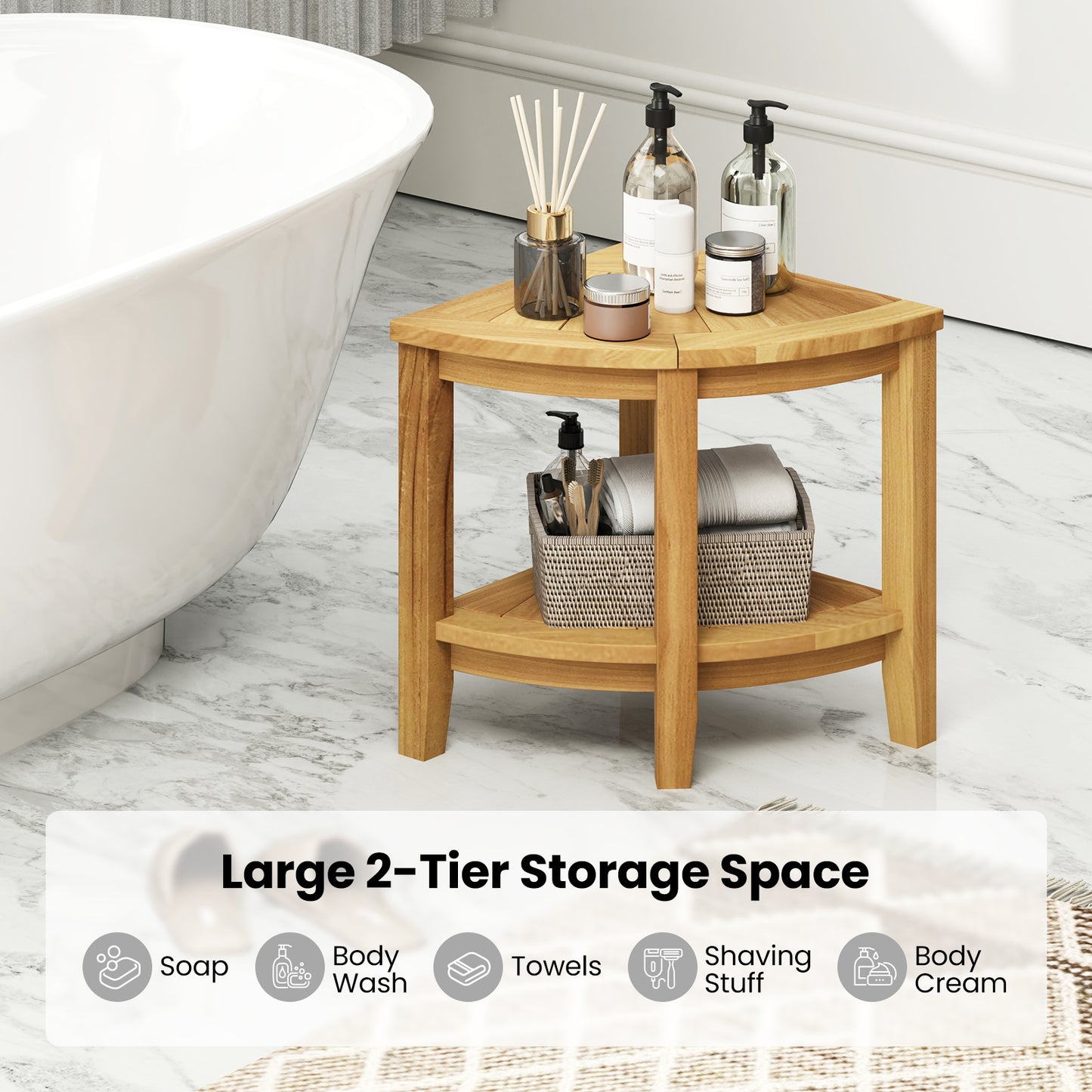 Teak Wood Shower Bench with Storage Shelf for Inside Shower to Sit on
