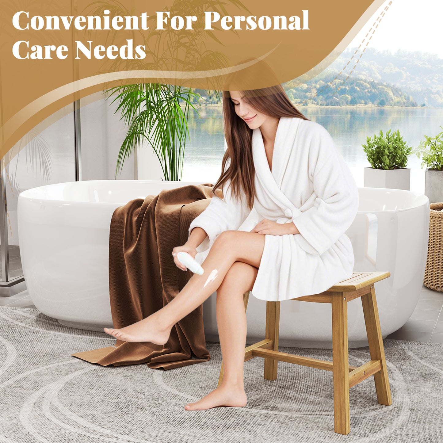 Teak Wood Shower Stool with Curved Seat for Inside Shower Spa