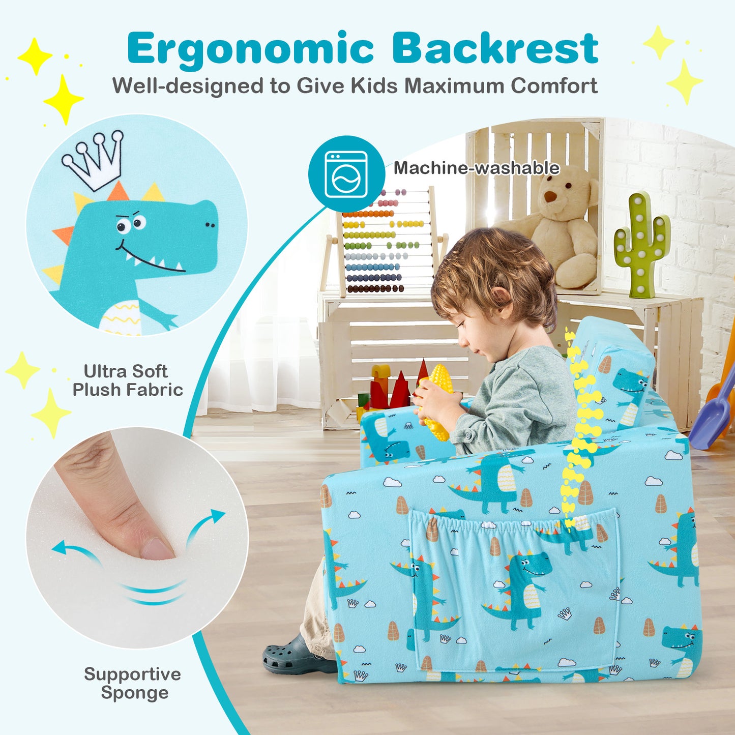 Kids Recliner Sofa Converts to Sleeper Bed - Blue Dinosaur