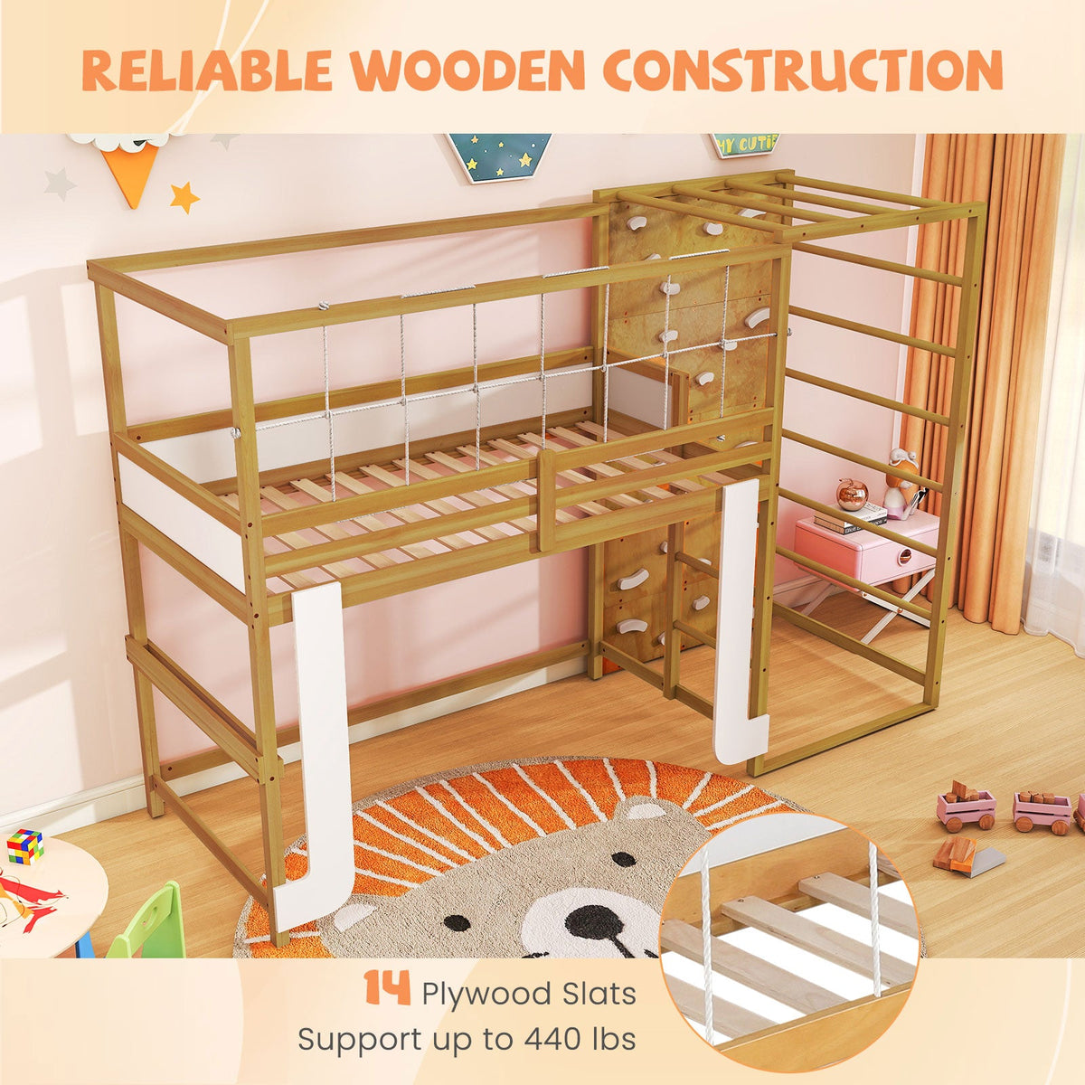 Twin Bunk Bed with Jungle Gym Wooden Loft Bed with Climbing Ladder-Natural
