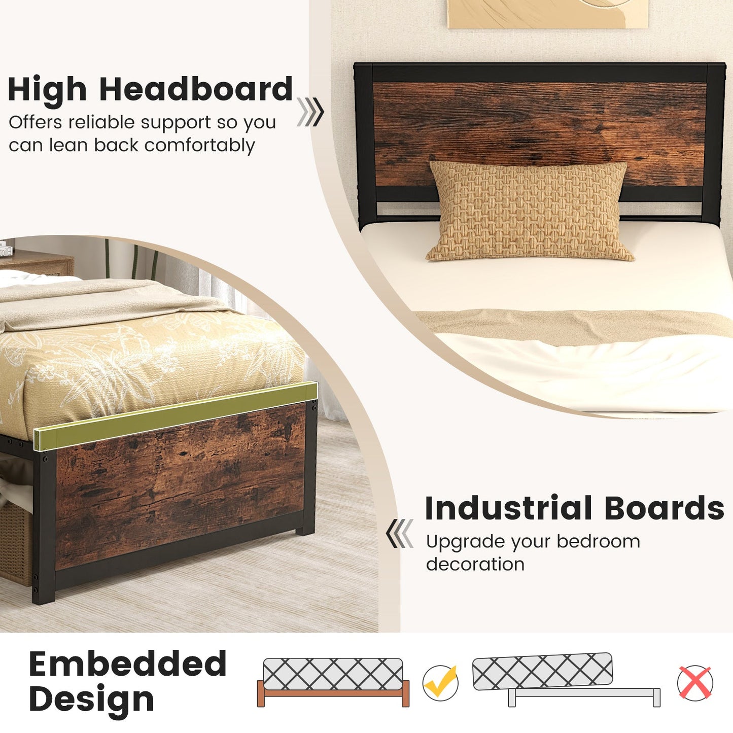 Twin Size Bed Frame Metal with High Headboard and Mute Bars-Twin Size