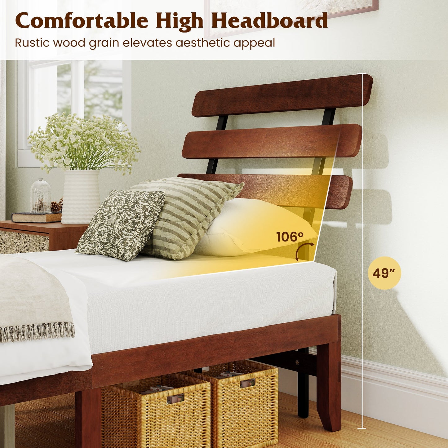 Full Size Bed Frame 15.5 Inch Solid Wood Platform Bed with Retro Headboard