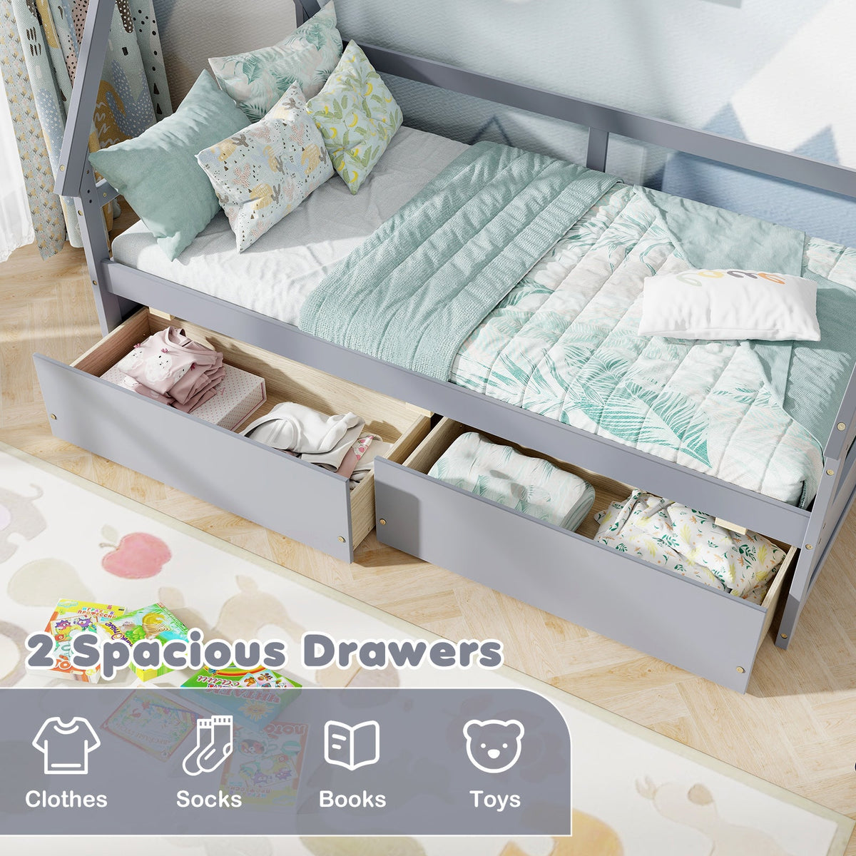 Twin Size House Bed with Roof and Safety Guardrail
