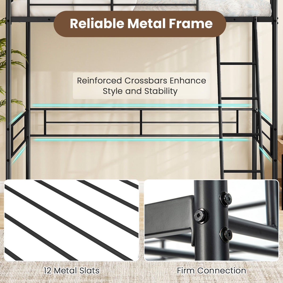 Twin Size Loft Bed Metal Bed Frame with Ladder and Guardrails-Black