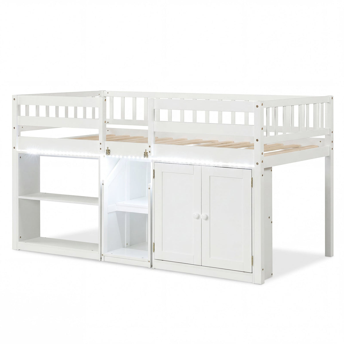 Twin Size Loft Bed with LED Lights and Kids Wooden Bed Frame