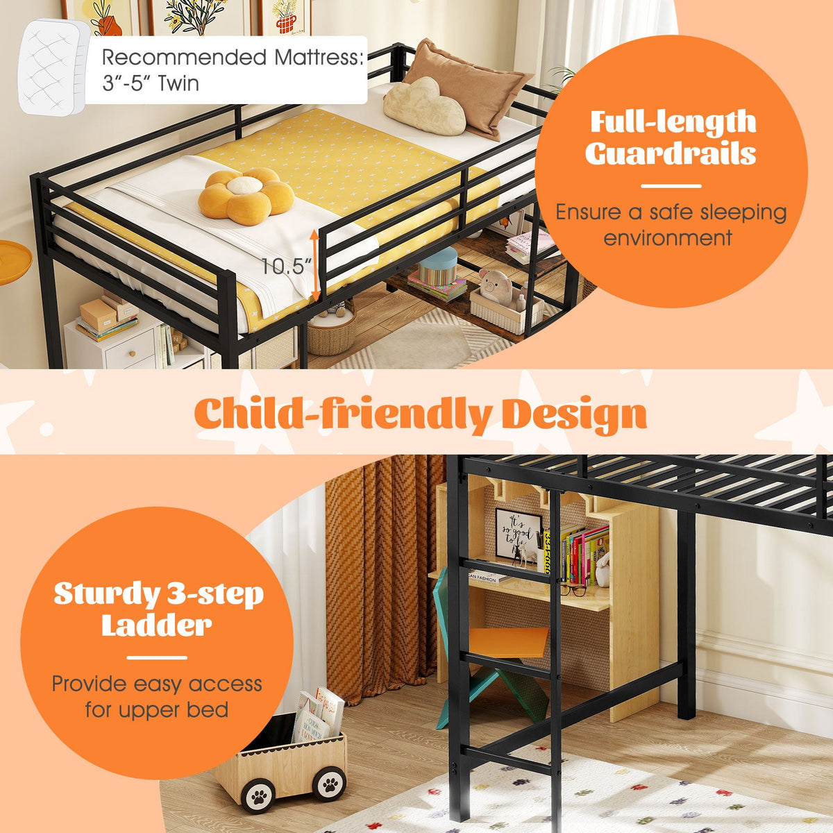 Twin Size Low Loft Bed with Ladder and Storage Shelves Metal Frame for Boys Girls-Black