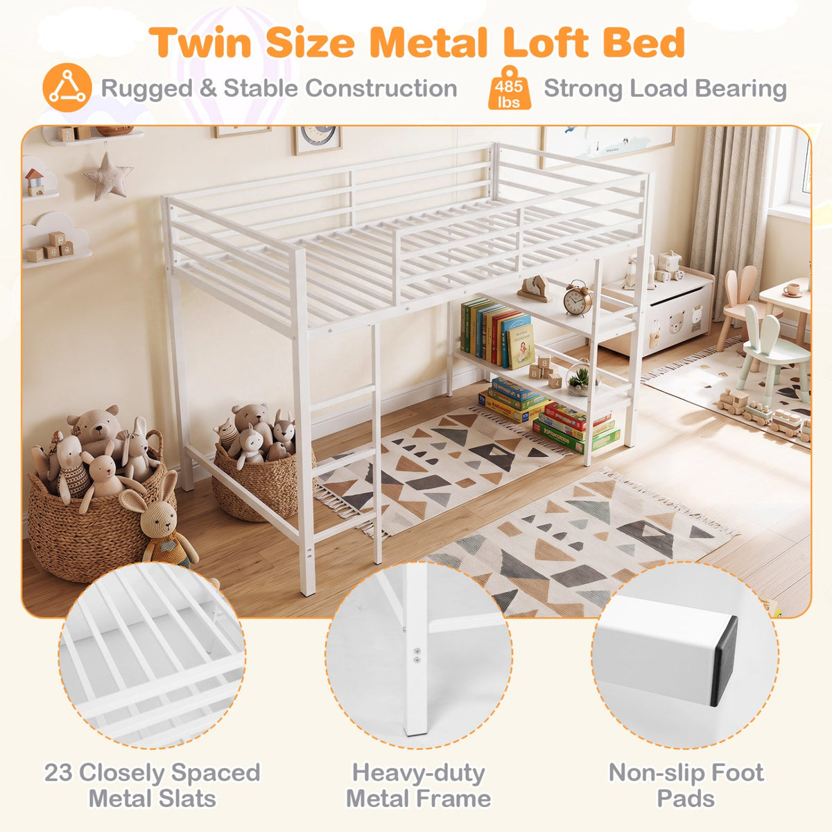 Twin Low Loft Bed with Storage Shelves and Ladder - White