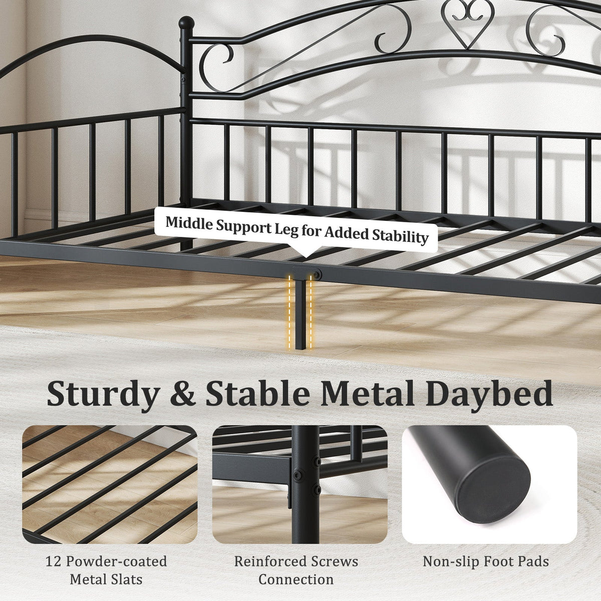 Twin Size Metal Daybed Frame with Headboard for Bedroom