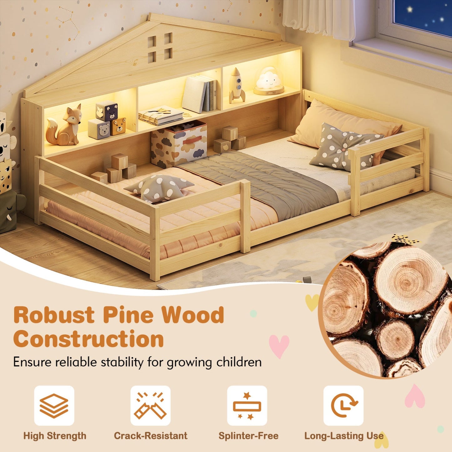 Twin Montessori Floor Bed with Storage and LED Lights