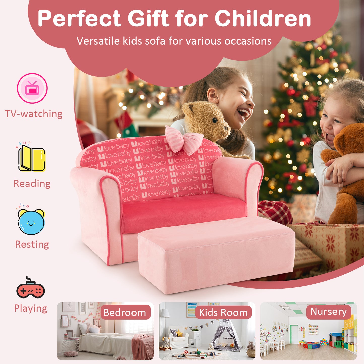 Kids Velvet Sofa Chair with Ottoman - Pink