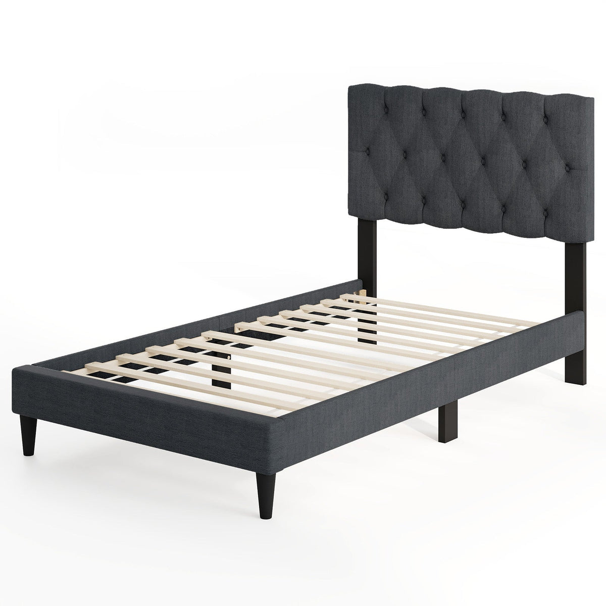 Upholstered Platform Bed with Tufted Headboard and Wooden Slats Gray