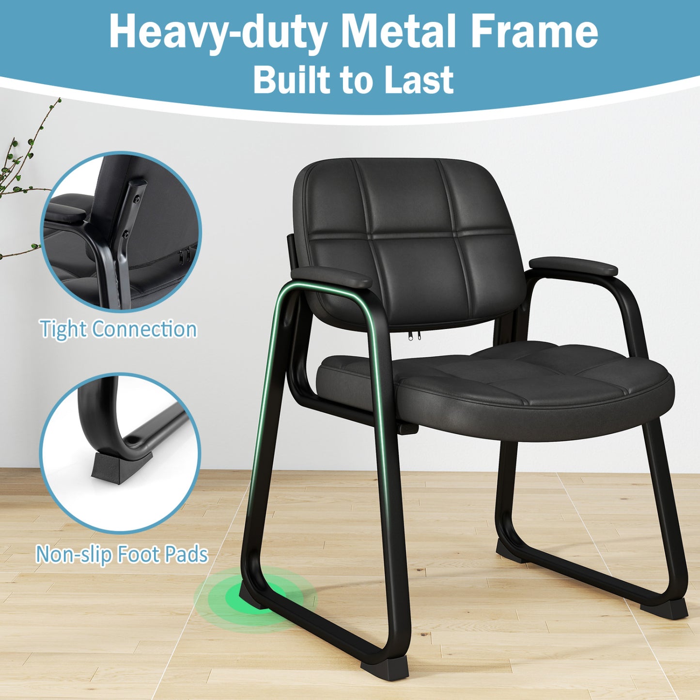 Guest Chair Set of 2 with Armrests - Black PU Leather