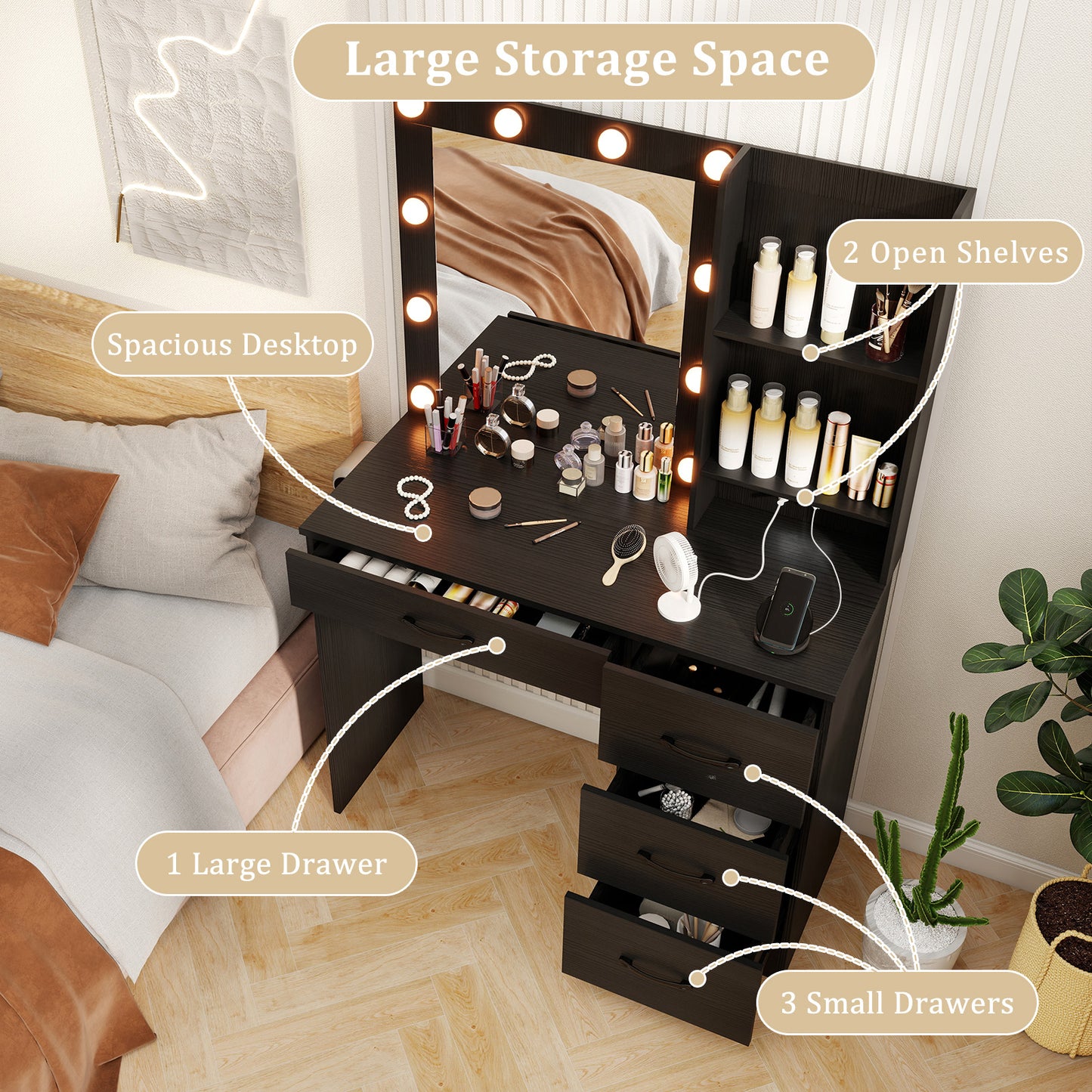 Vanity Desk with Lighted Mirror and Power Outlets