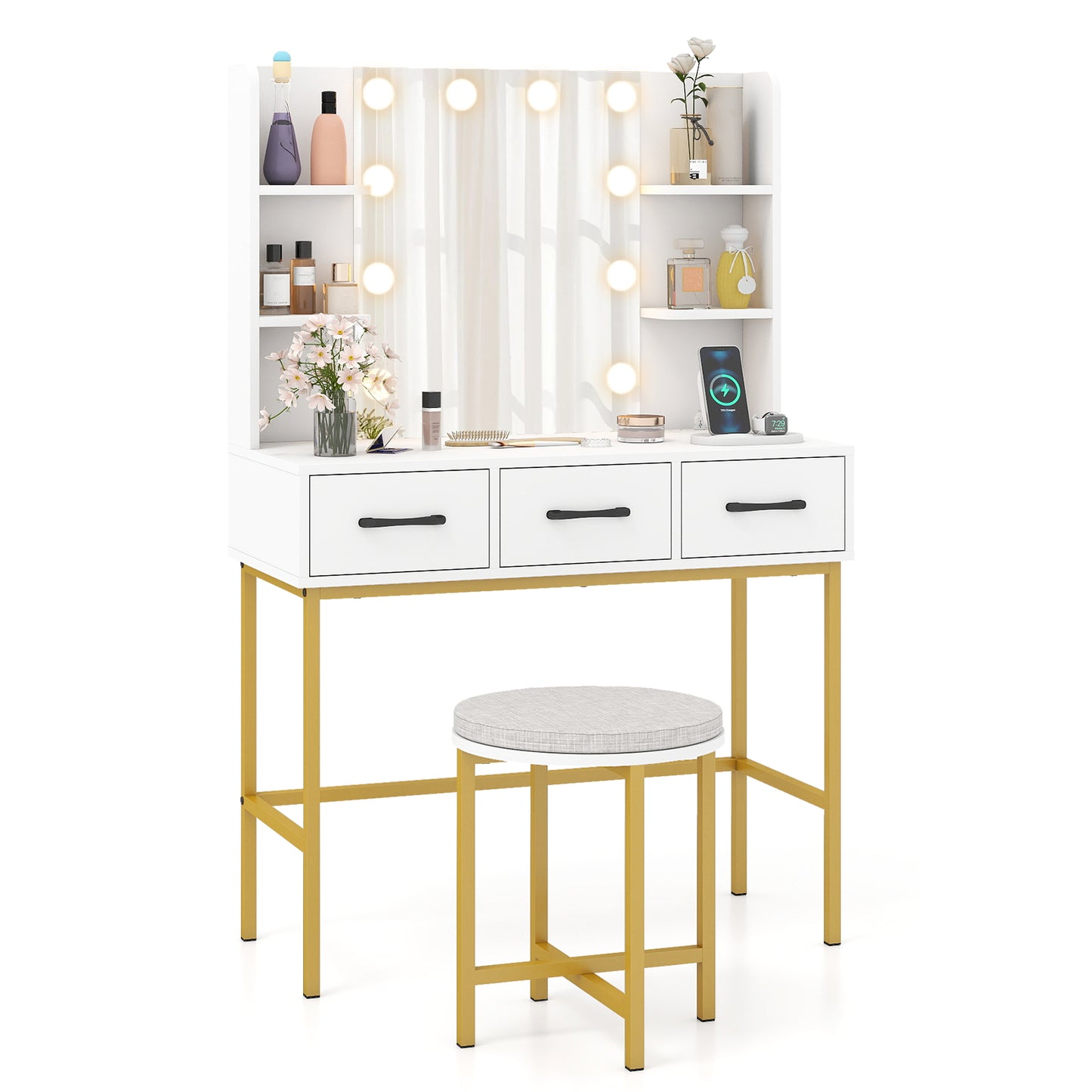 Vanity Desk with Lighted Mirror and Cushioned Stool Set