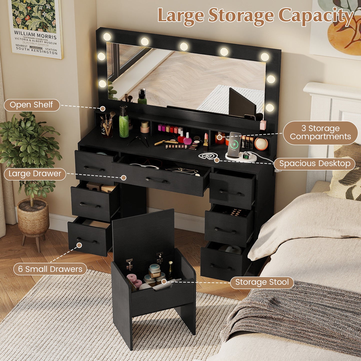 Vanity Desk with Lighted Mirror and Charging Station