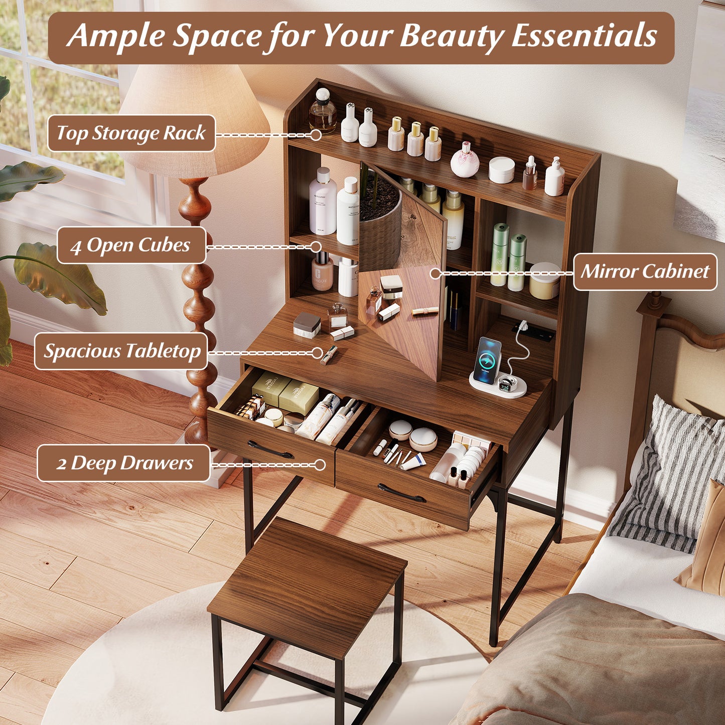 Vanity Desk with Charging Station and Storage Drawers