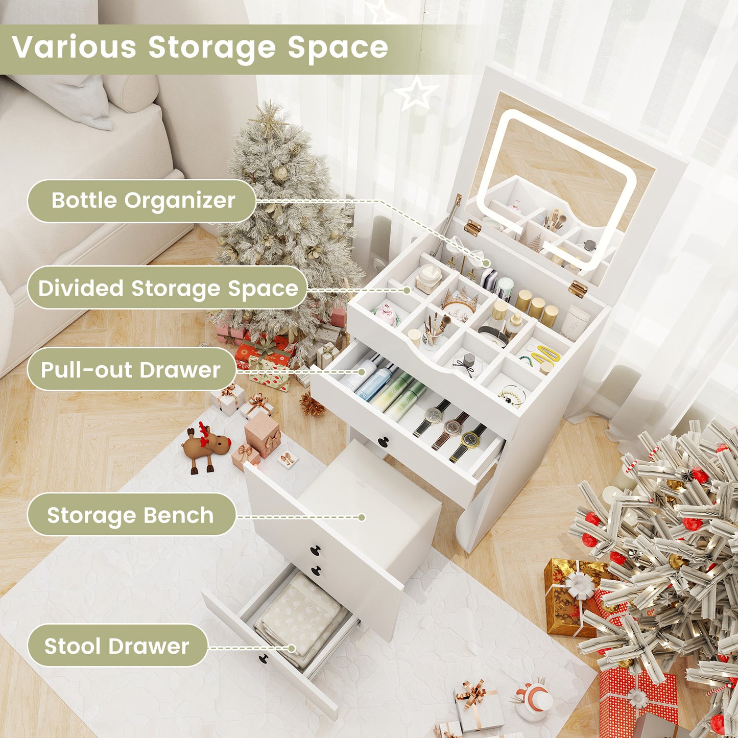 Vanity Set with Flip-Up Mirror, Cushioned Stool & LED Lights