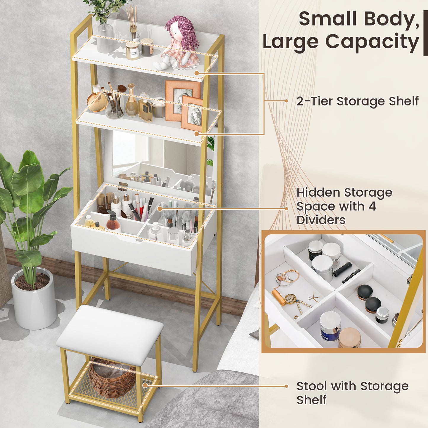 Ladder Vanity Desk Set with Flip Top Mirror and Stool
