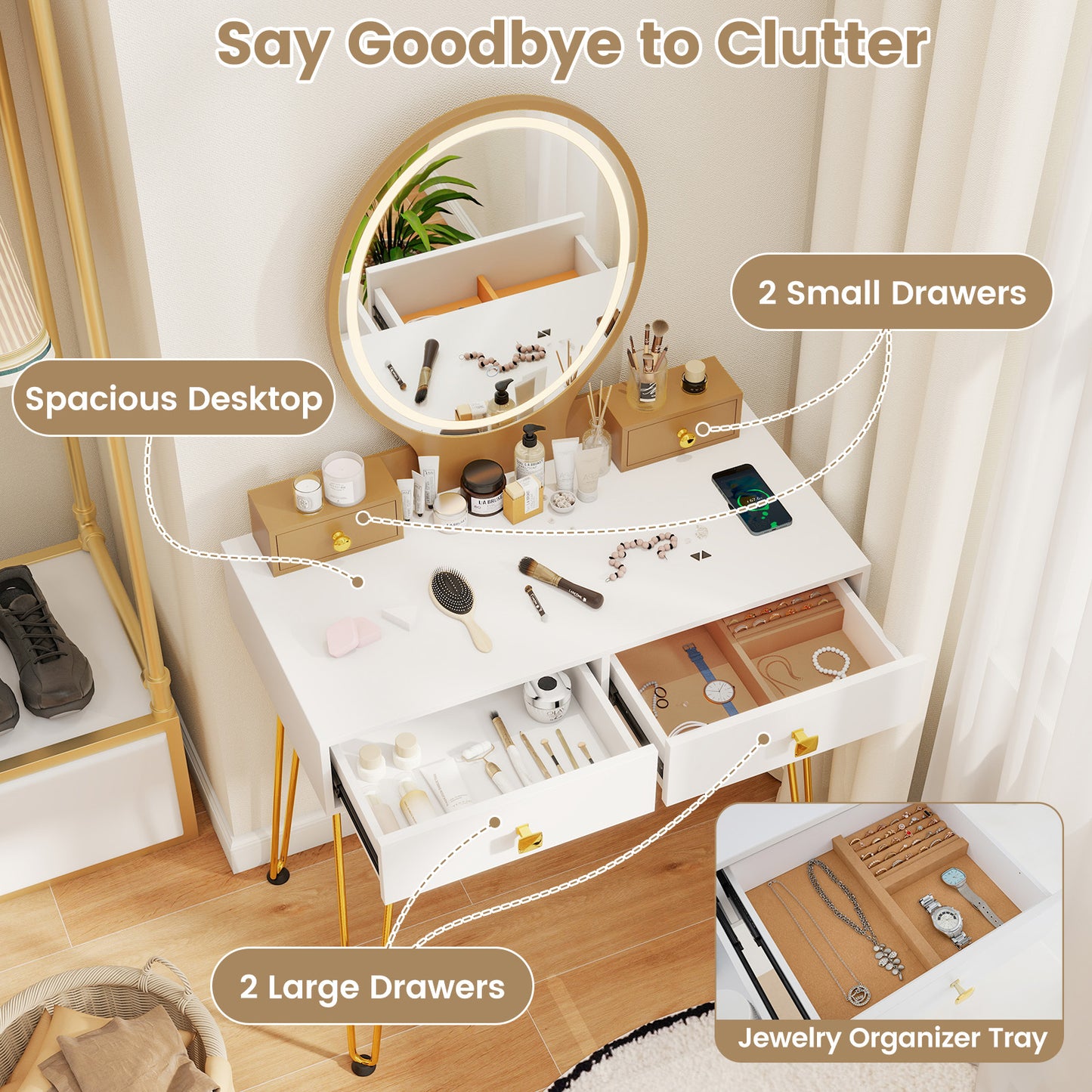 Vanity Table Set with 3-Color Lighted Mirror & Stool