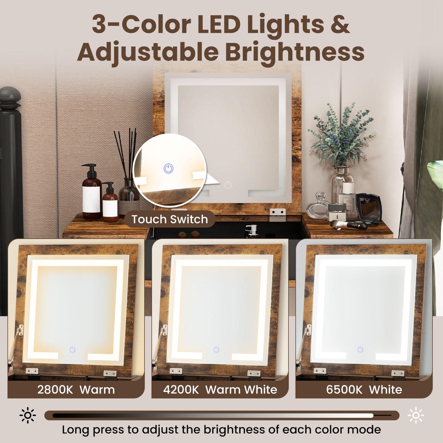 Vanity Table Set with Flip Top Mirror, LED Lights & Stool