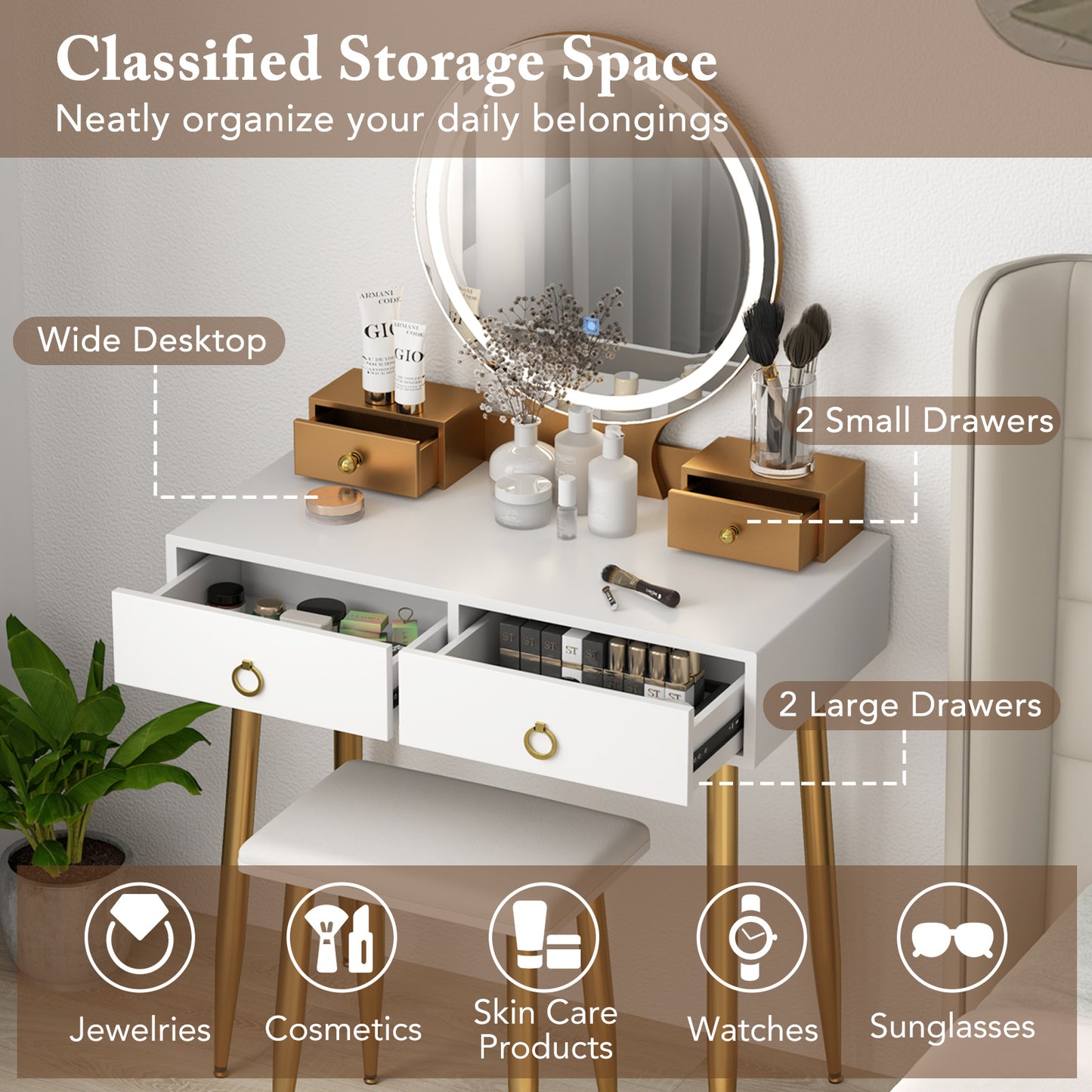 Vanity Table Set with Lighted Mirror and 4 Drawers